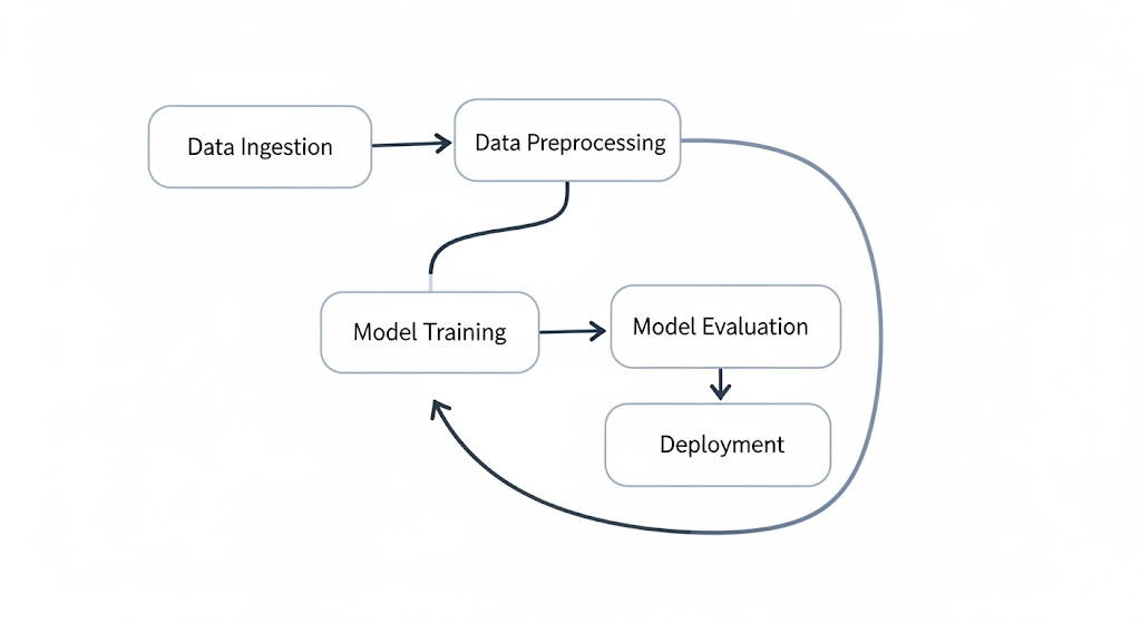 A simple Directed Acyclic Graph (DAG) illustrating a typical machine learning pipeline: Data Ingestion, Data Preprocessing, Model Training, Model Evaluation, and Deployment, with a feedback loop from Evaluation back to Training