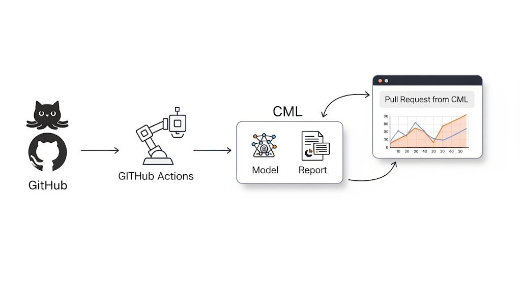 Illustrative workflow showing GitHub triggering GitHub Actions, which then uses CML to generate a model and report, visualized as a pull request with performance metrics