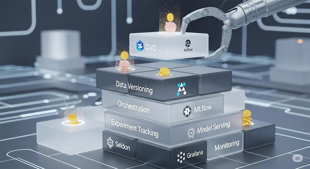 Illustrative MLOps stack being built with open-source tools like DVC, Airflow, MLflow, Seldon, and Grafana, emphasizing cost-effectiveness with piggy banks and gold coins