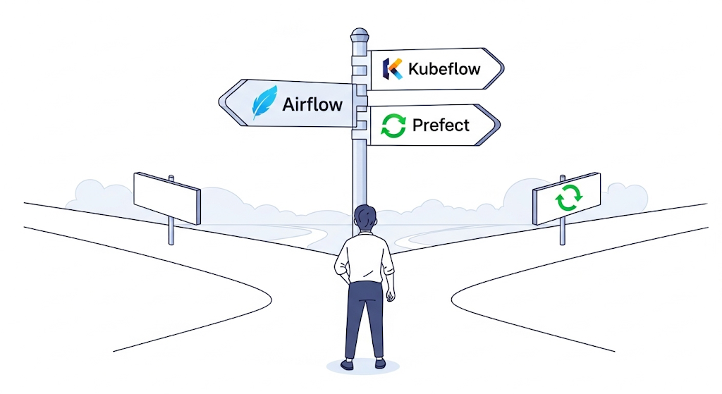 An illustration of a startup founder at a crossroads, choosing between three signs representing workflow orchestrators: Airflow, Kubeflow, and Prefect