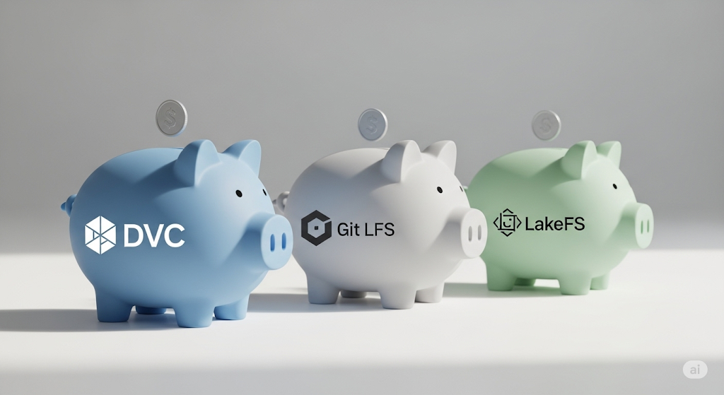 Three piggy banks in different colors (blue for DVC, grey for Git LFS, green for LakeFS) each with a coin above, illustrating cost-effective data model versioning