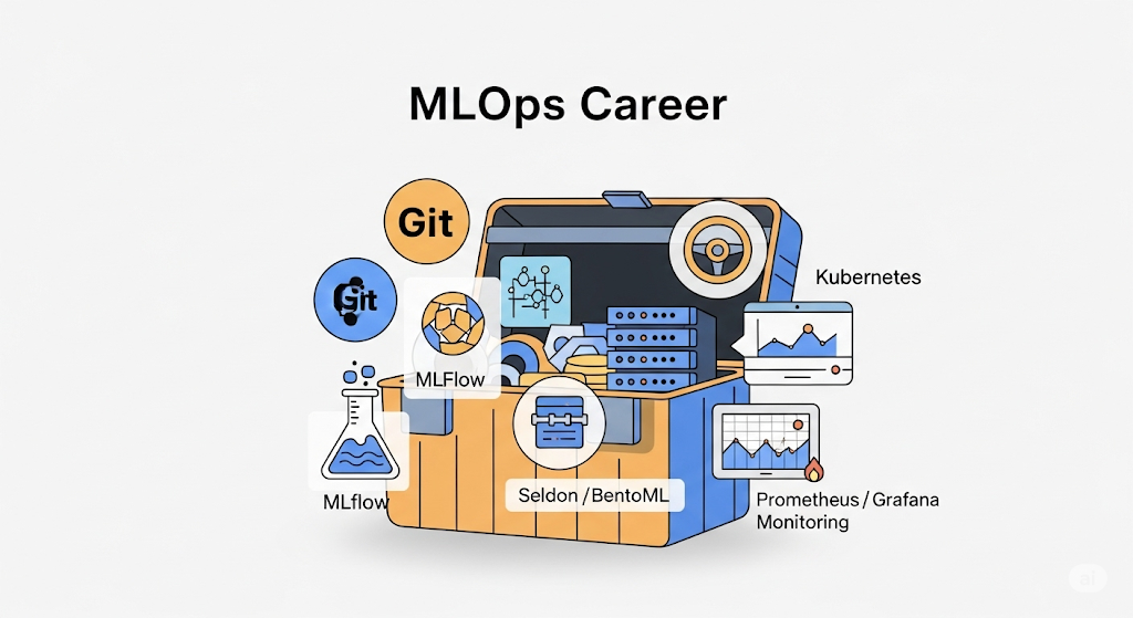 Illustrative treasure chest labeled "MLOps Career" overflowing with icons of essential open-source tools like Git, MLflow, Kubernetes, Seldon/BentoML, and Prometheus/Grafana