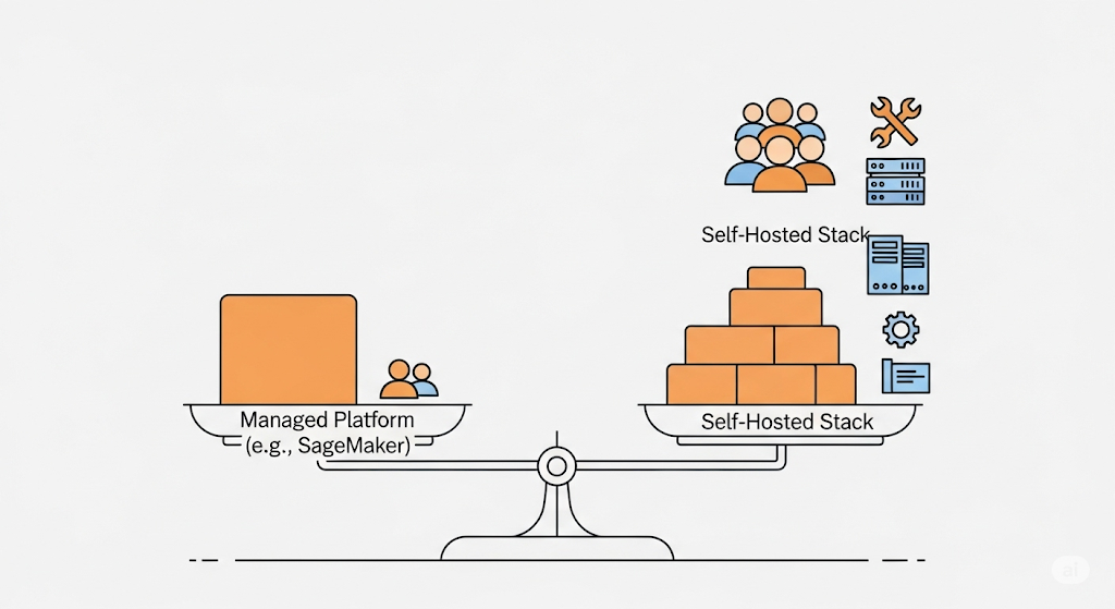 Illustrative scale comparing a "Managed Platform (e.g., SageMaker)" with a "Self-Hosted Stack," showing a smaller resource block and fewer people for the managed platform, balanced against more resources and people for the self-hosted stack