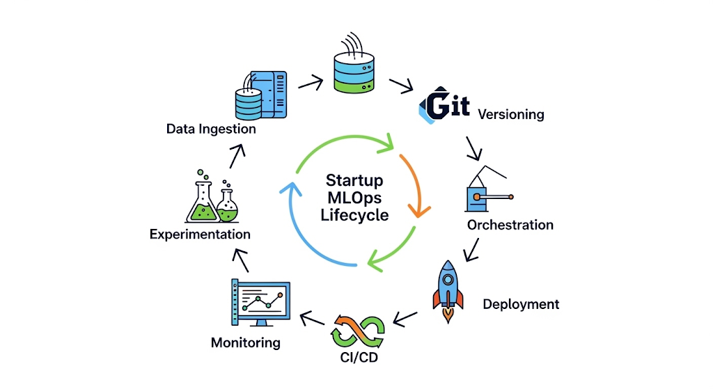 Circular diagram illustrating the startup MLOps lifecycle: Data Ingestion, Versioning, Experimentation, Orchestration, Deployment, Monitoring, and CI/CD, showing a continuous loop