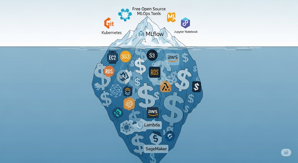 Illustrative iceberg depicting "Free Open Source MLOps Tools" above the water, and various AWS services with dollar signs below, representing hidden infrastructure costs